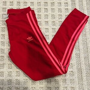 Adidas Red and Pink Sweatpants with Signature Stripes